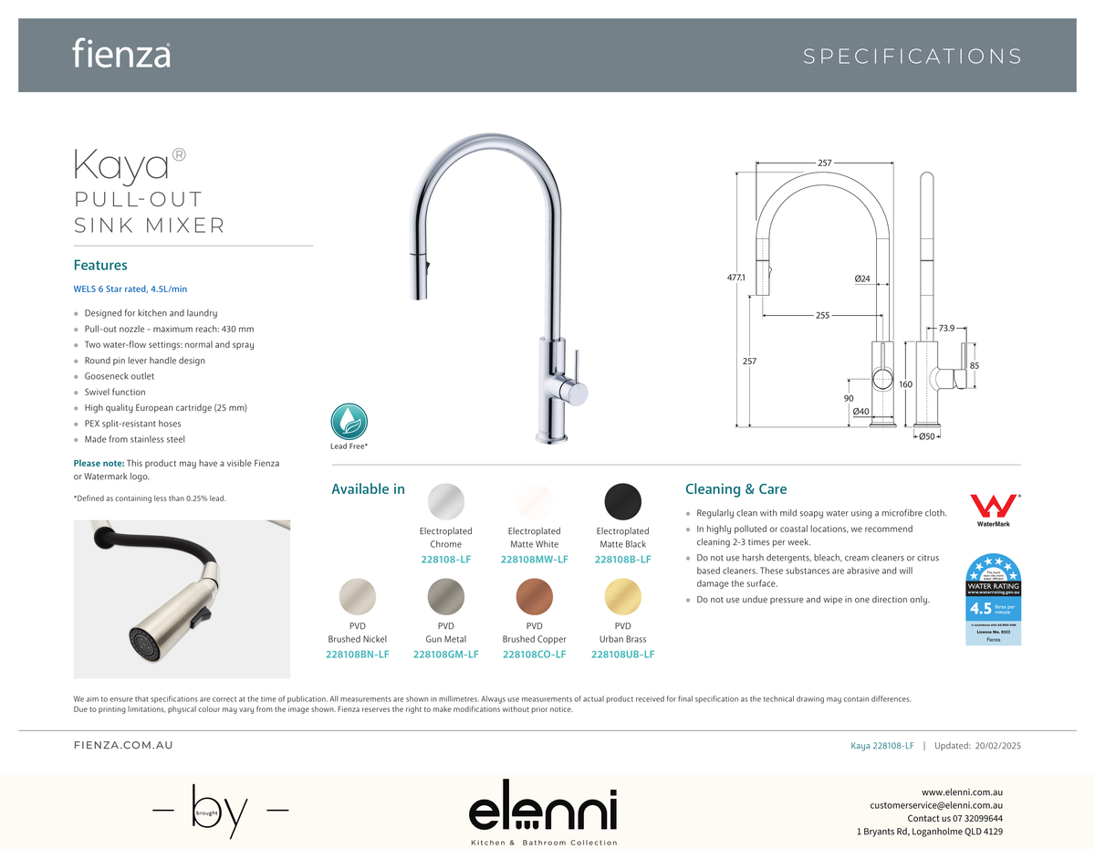 Kaya Pull-Out Sink Mixer - Spec sheet