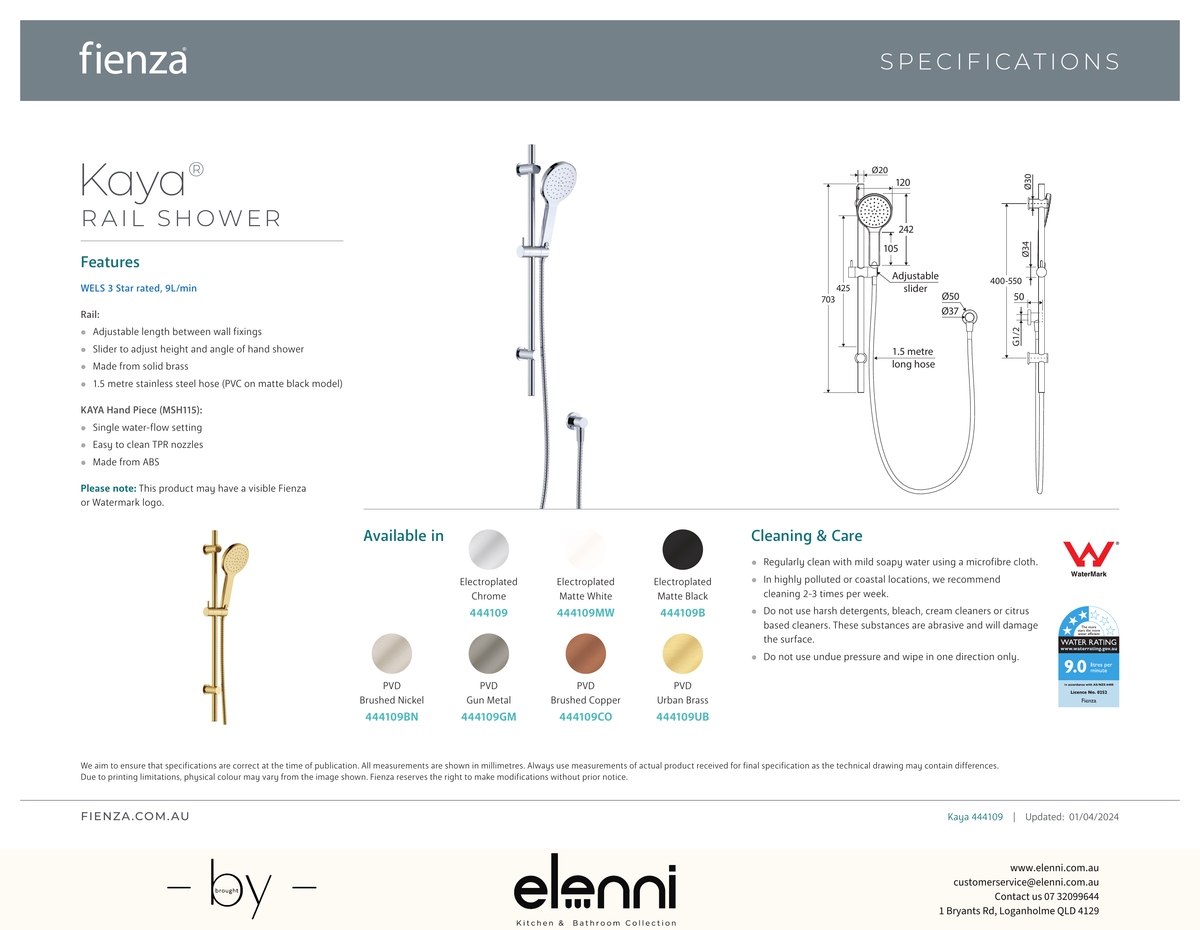 Kaya Rail Shower - Spec sheet