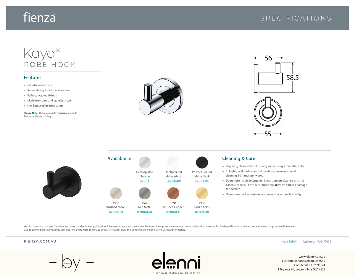 Kaya Robe Hook - Spec sheet