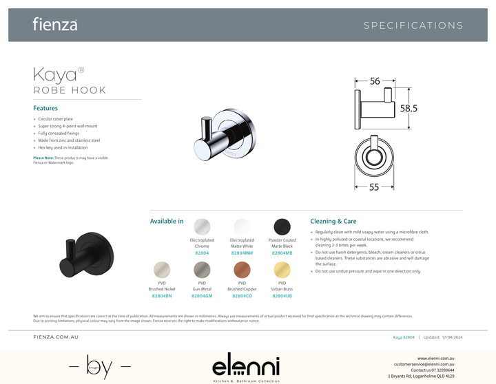 Kaya Robe Hook - Spec sheet