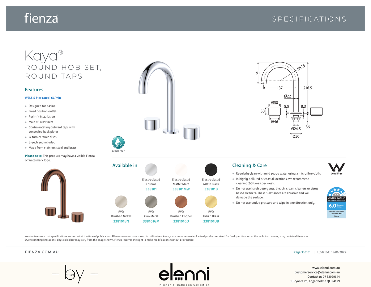Kaya Round Hob Set, Round Taps - Spec sheet