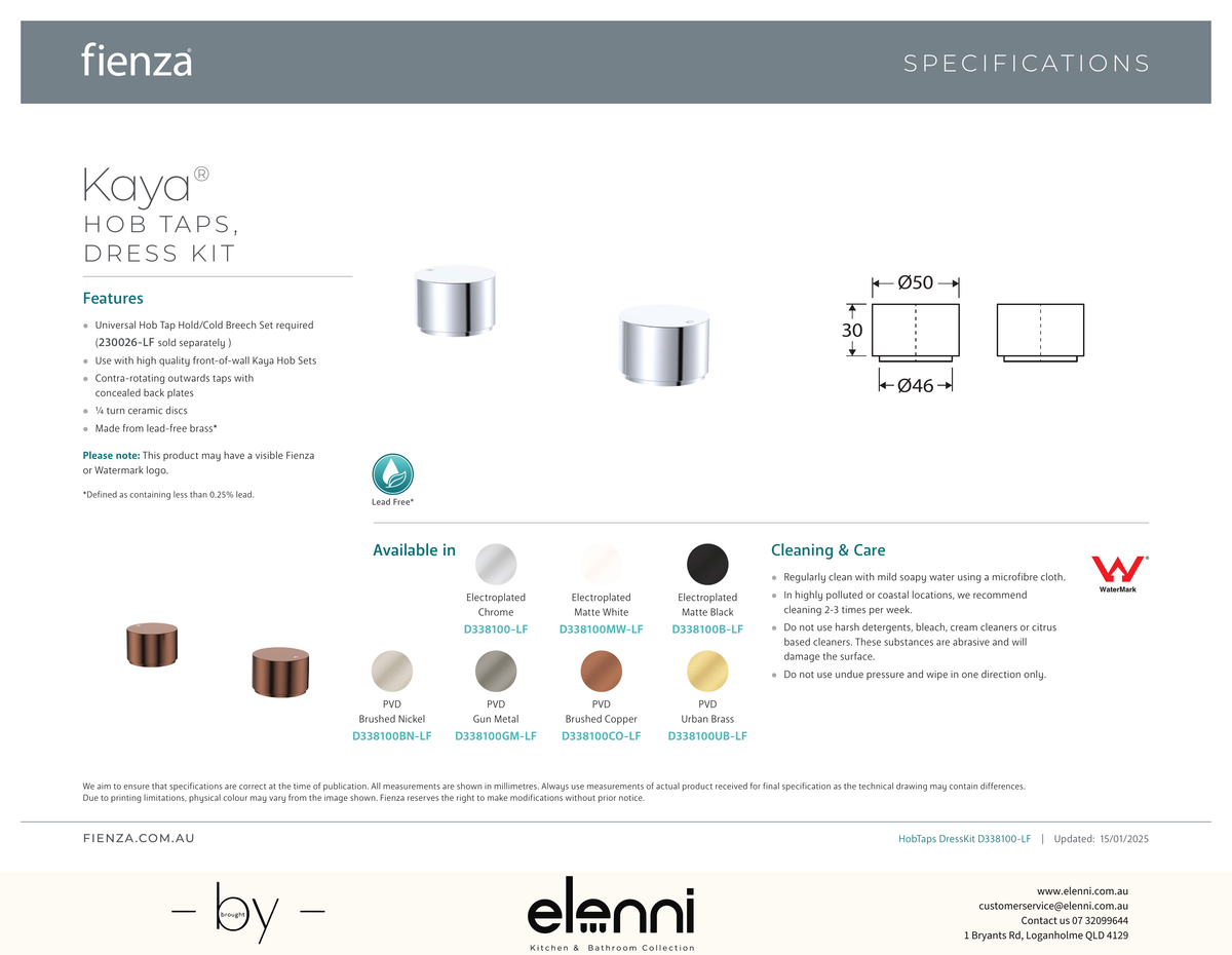 Kaya Round Hob Taps, Dress Kit - Trim Kit Only - Spec sheet