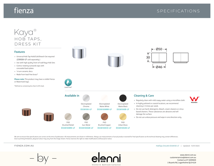Kaya Round Hob Taps, Dress Kit - Trim Kit Only - Spec sheet