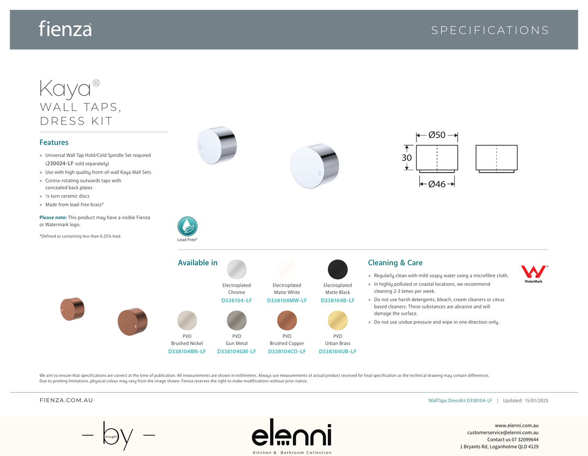 Kaya Round Wall Taps, Dress Kit - Trim Kit Only - Spec sheet