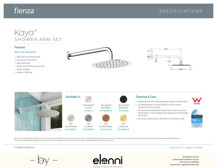 Kaya Shower Arm Set - Spec sheet