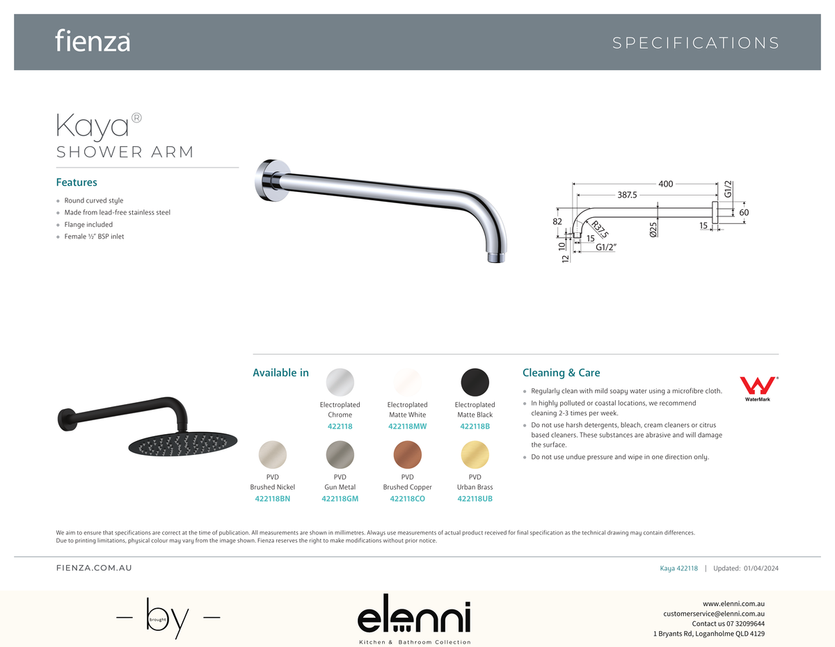 Kaya Shower Arm - Spec sheet