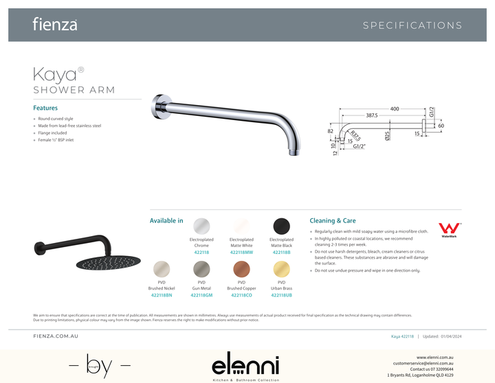 Kaya Shower Arm - Spec sheet