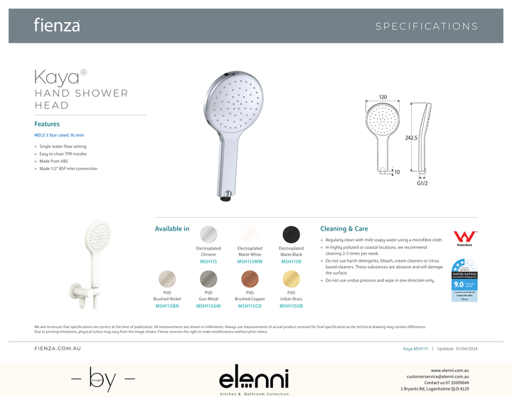 Kaya Shower Hand Piece - Spec sheet