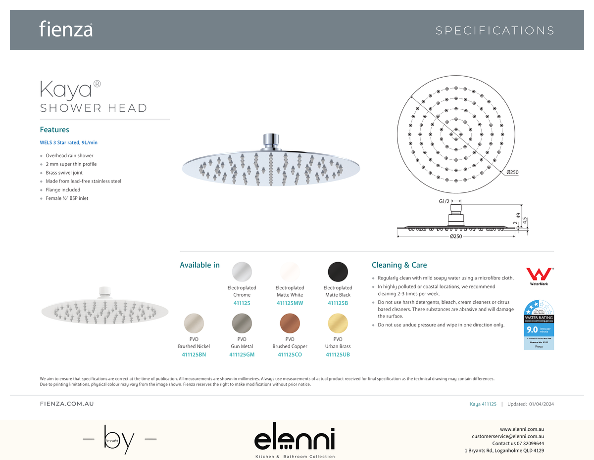Kaya Shower Head, 250mm - Spec sheet