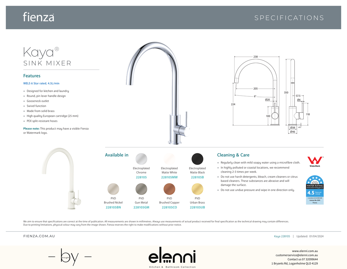 Kaya Sink Mixer - Spec sheet