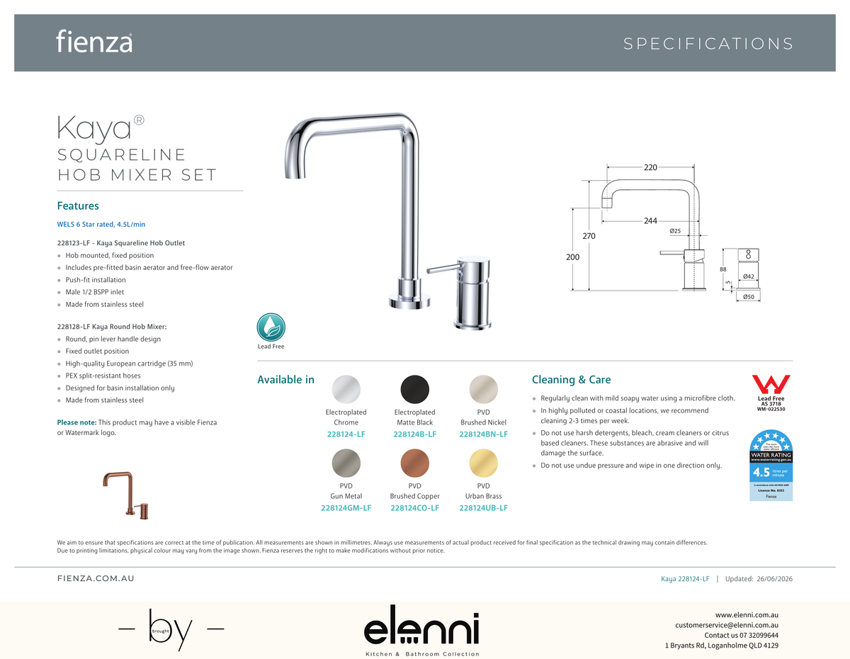 Kaya Squareline Hob Mixer Set - Spec sheet