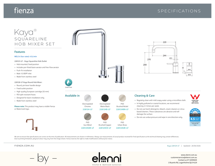 Kaya Squareline Hob Mixer Set - Spec sheet