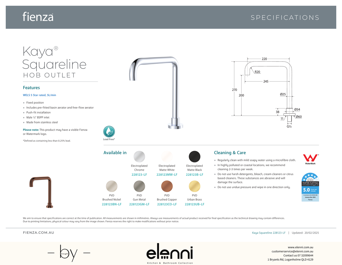 Kaya Squareline Hob Outlet - Spec sheet