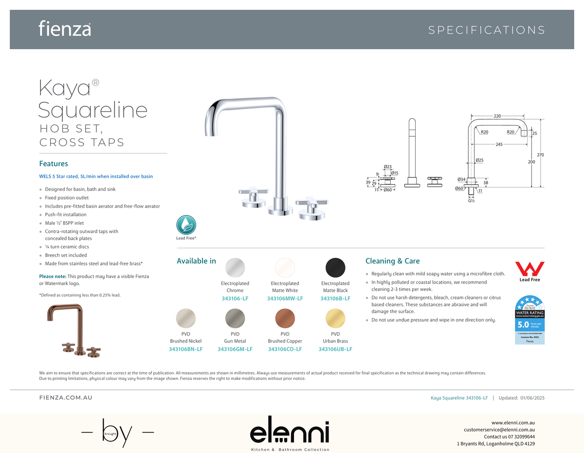 Kaya Squareline Hob Set, Cross Taps - Spec sheet