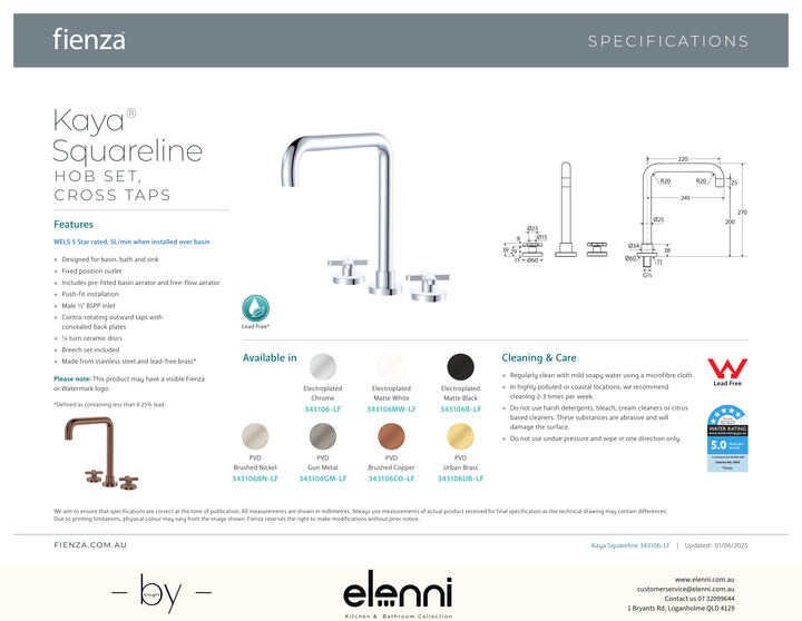 Kaya Squareline Hob Set, Cross Taps - Spec sheet