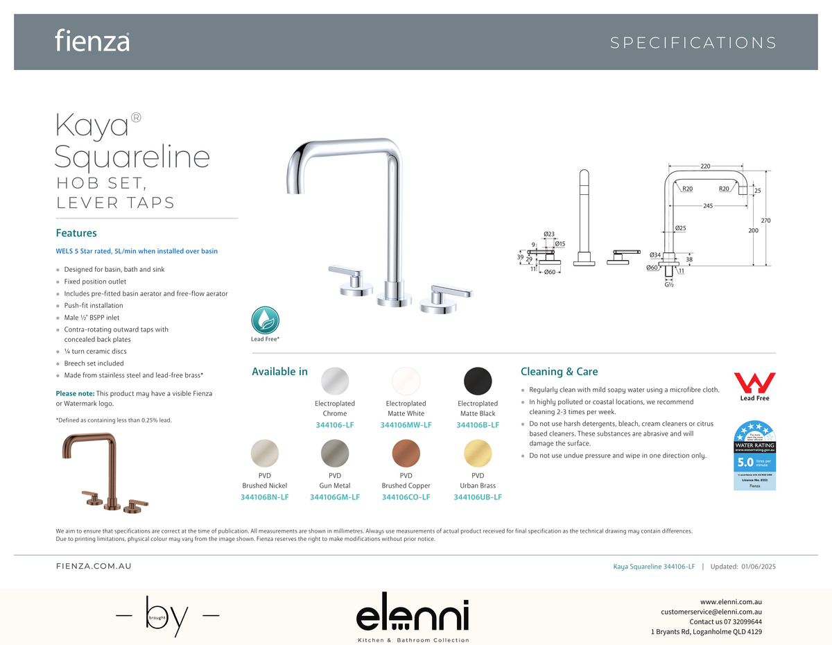 Kaya Squareline Hob Set, Lever Taps - Spec sheet