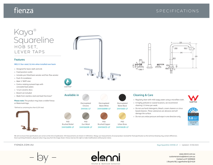 Kaya Squareline Hob Set, Lever Taps - Spec sheet