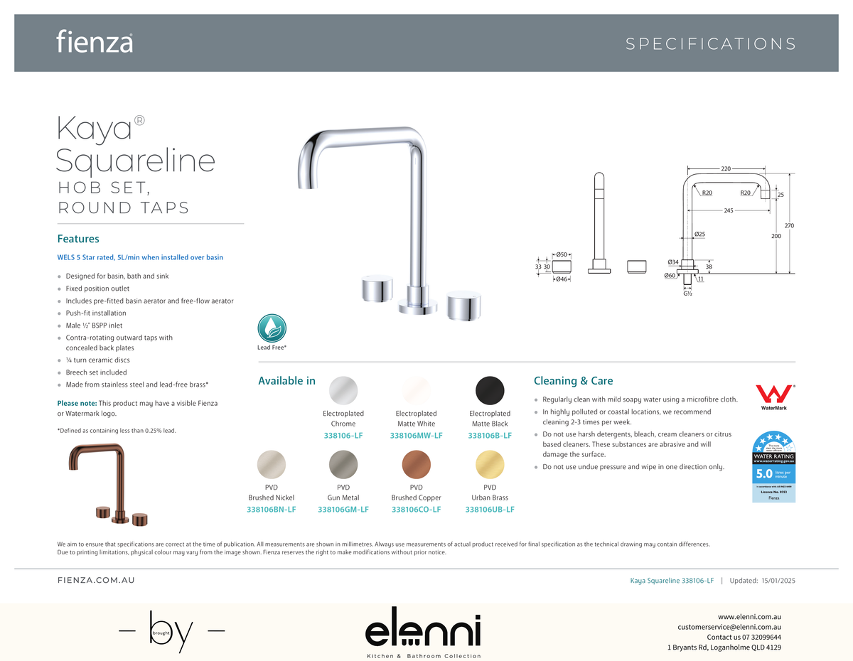 Kaya Squareline Hob Set, Round Taps - Spec sheet