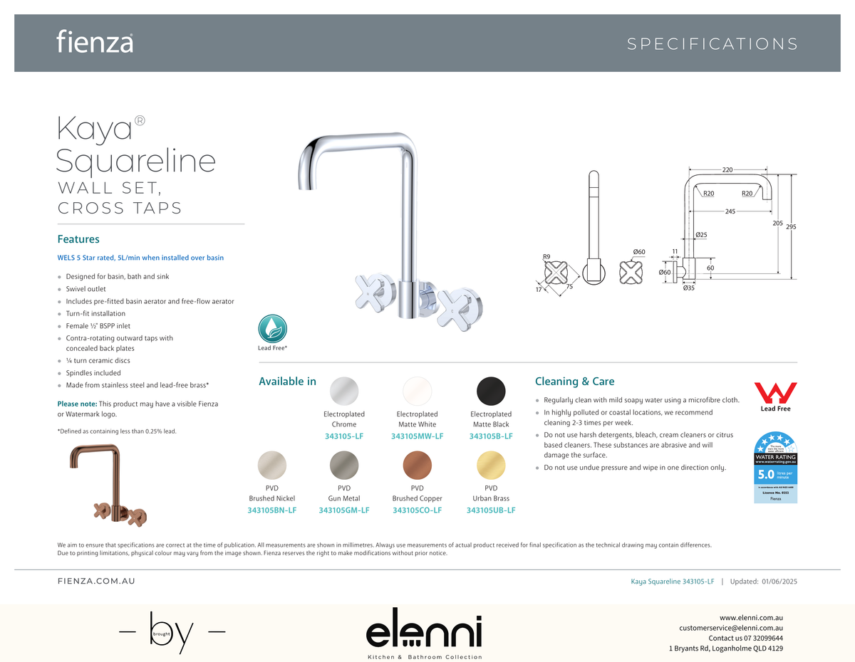 Kaya Squareline Wall Set, Cross Taps - Spec sheet