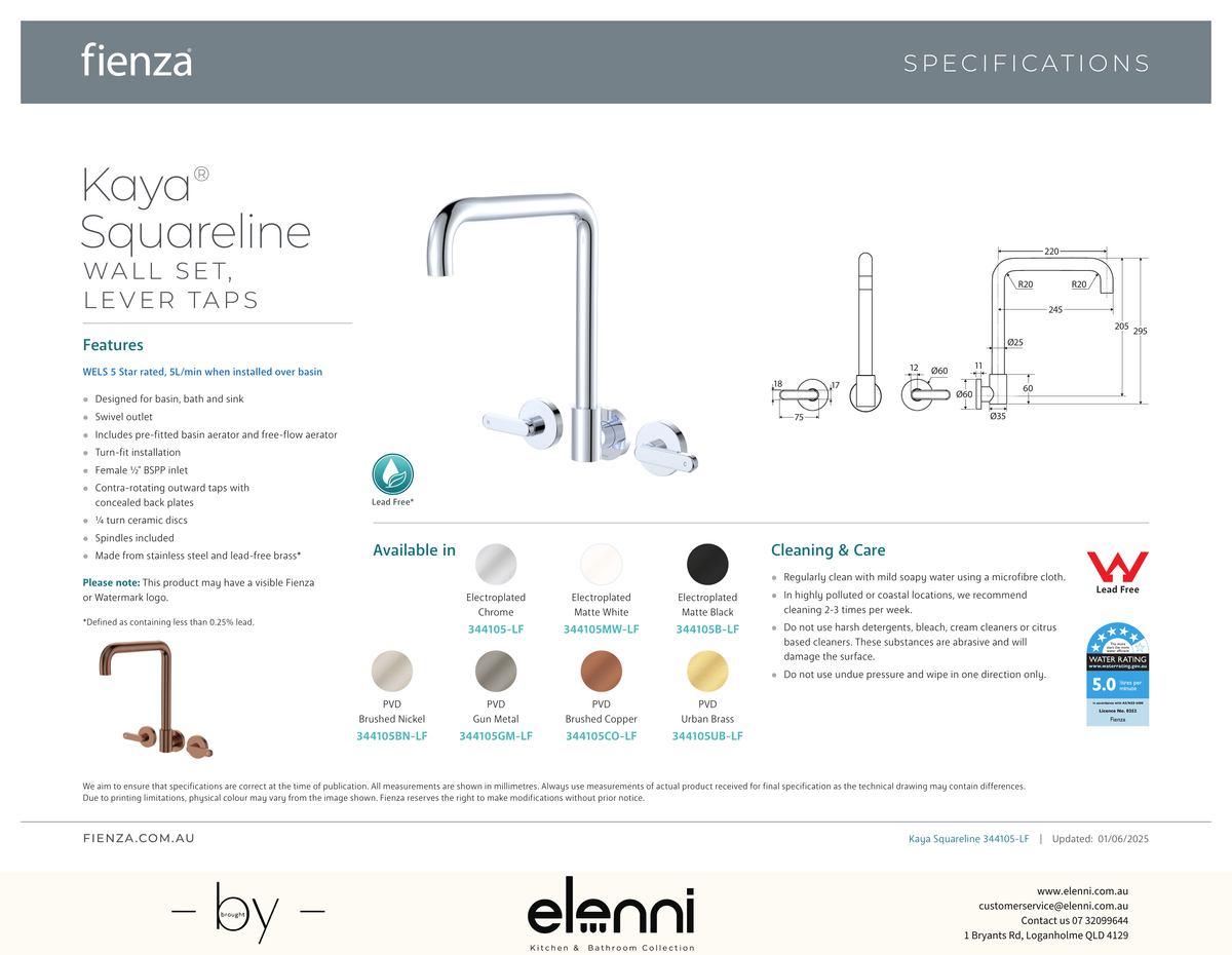 Kaya Squareline Wall Set, Lever Taps - Spec sheet