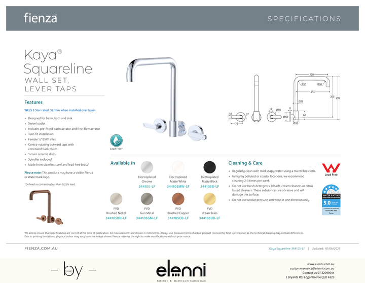 Kaya Squareline Wall Set, Lever Taps - Spec sheet