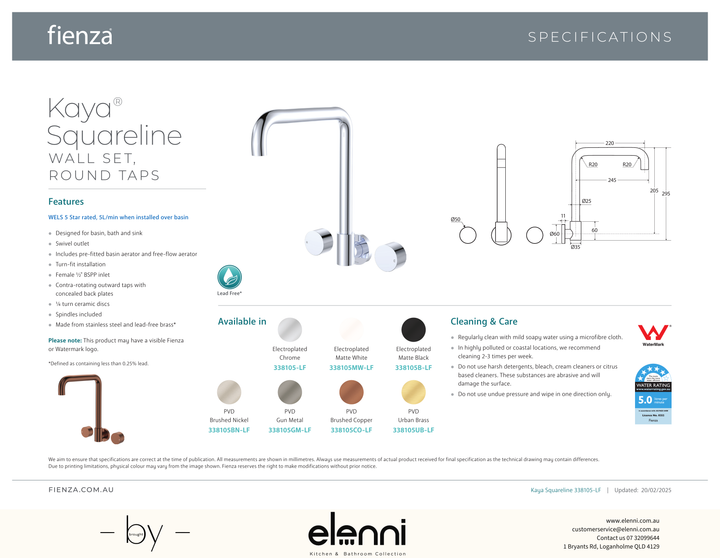 Kaya Squareline Wall Set, Round Taps - Spec sheet