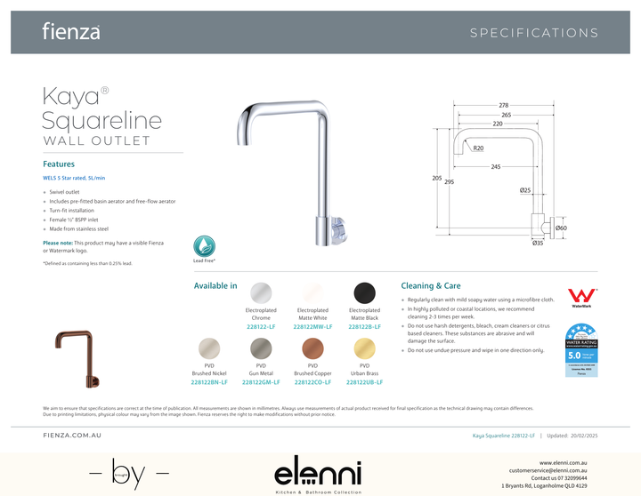 Kaya Squareline Wall Swivel Outlet Set - Spec sheet