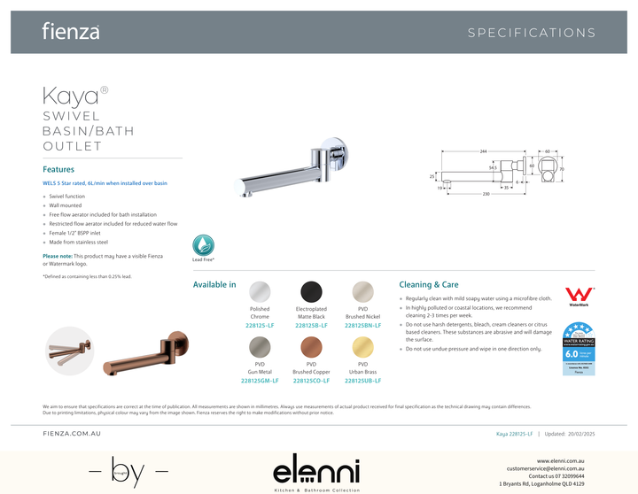 Kaya Swivel Basin/Bath Outlet - Spec sheet