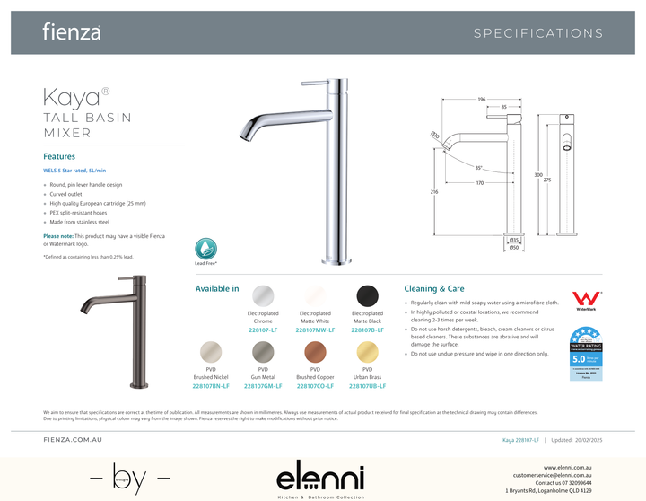 Kaya Tall Basin Mixer - Spec sheet