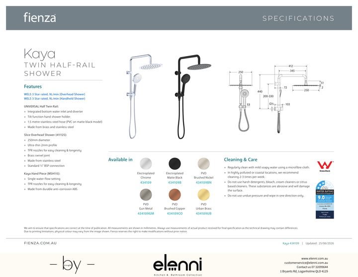Kaya Twin Half-Rail Shower - Spec sheet
