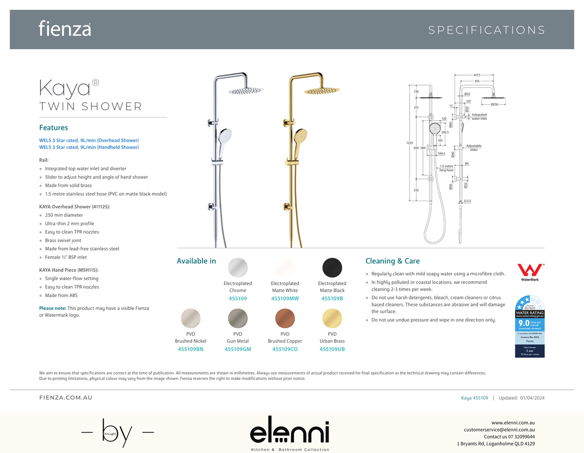 Kaya Twin Shower - Spec sheet