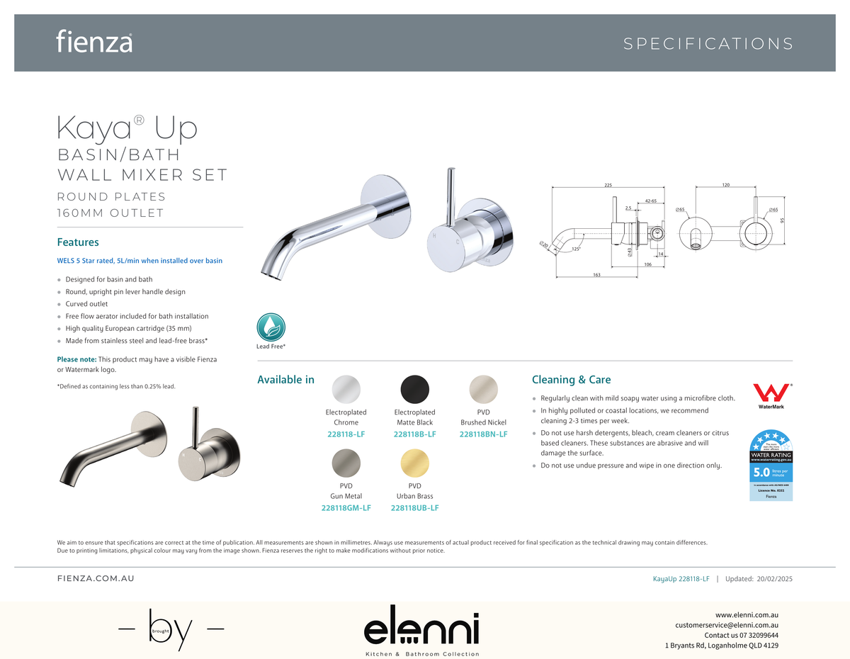 Kaya Up Basin/Bath Wall Mixer Dress Kit, Round Plates, 160mm Outlet - Trim Kit Only - Spec sheet