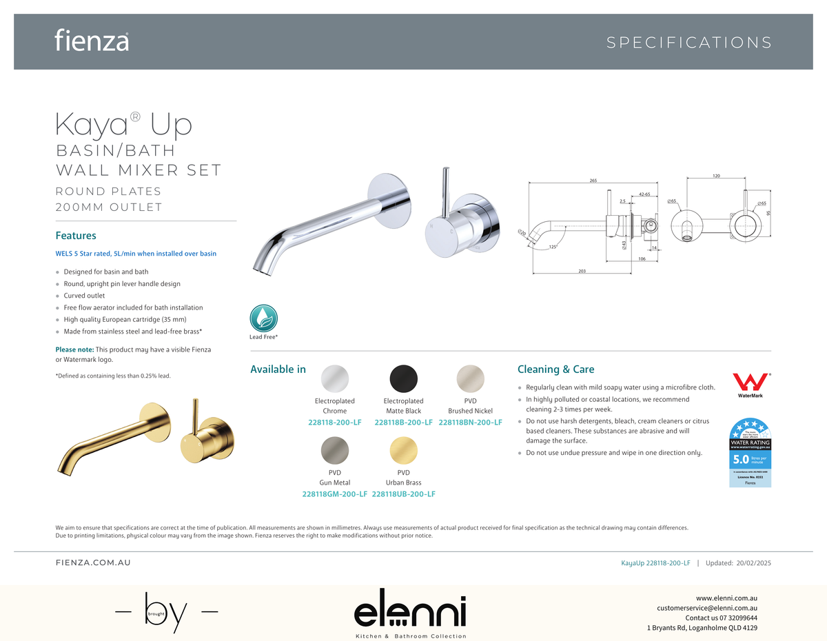 Kaya Up Basin/Bath Wall Mixer Dress Kit, Round Plates, 200mm Outlet - Trim Kit Only - Spec sheet