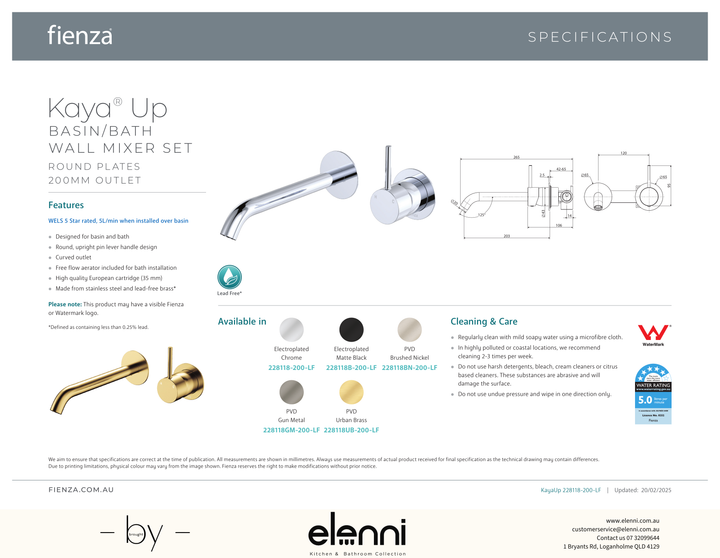 Kaya Up Basin/Bath Wall Mixer Dress Kit, Round Plates, 200mm Outlet - Trim Kit Only - Spec sheet