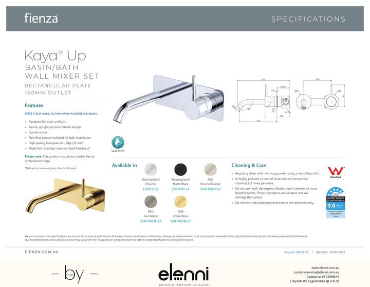Kaya Up Basin/Bath Wall Mixer Set, Rectangular Plate, 160mm Outlet - Spec sheet