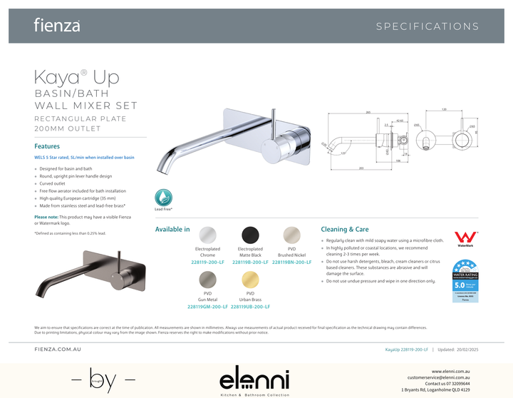 Kaya Up Basin/Bath Wall Mixer Set, Rectangular Plate, 200mm Outlet - Spec sheet