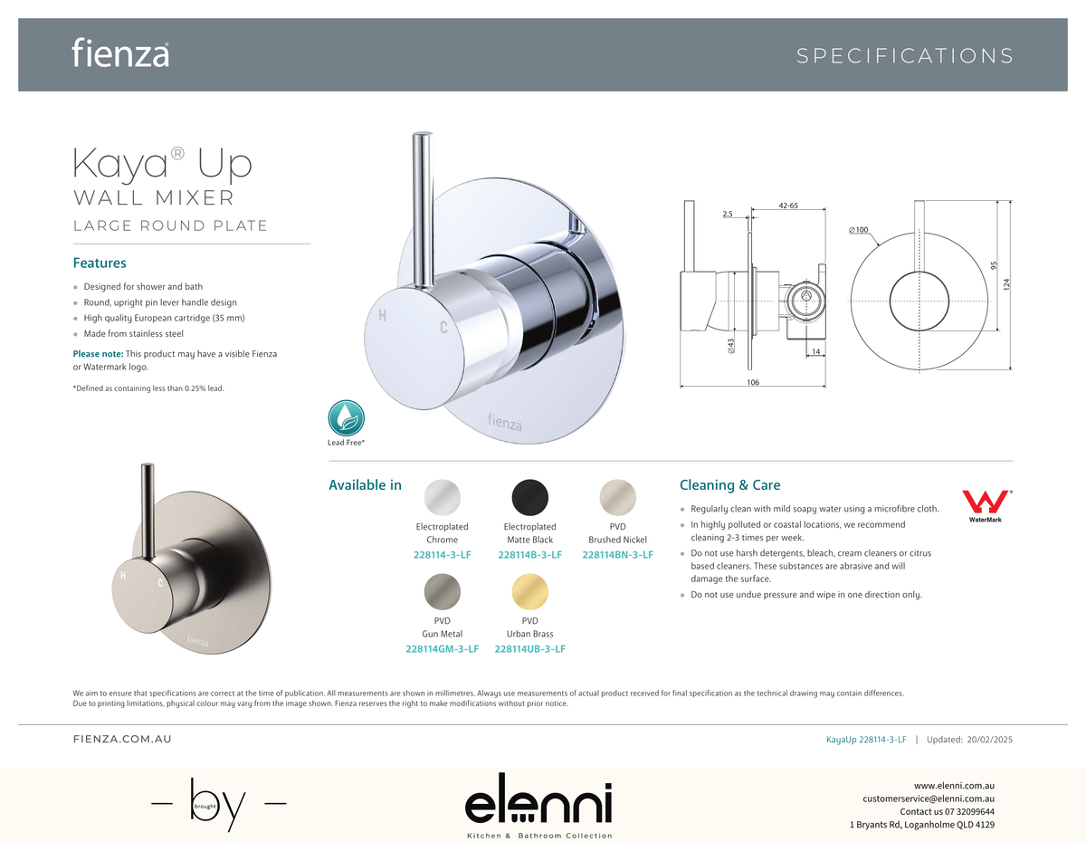 Kaya Up Wall Mixer, Large Round Plate - Spec sheet