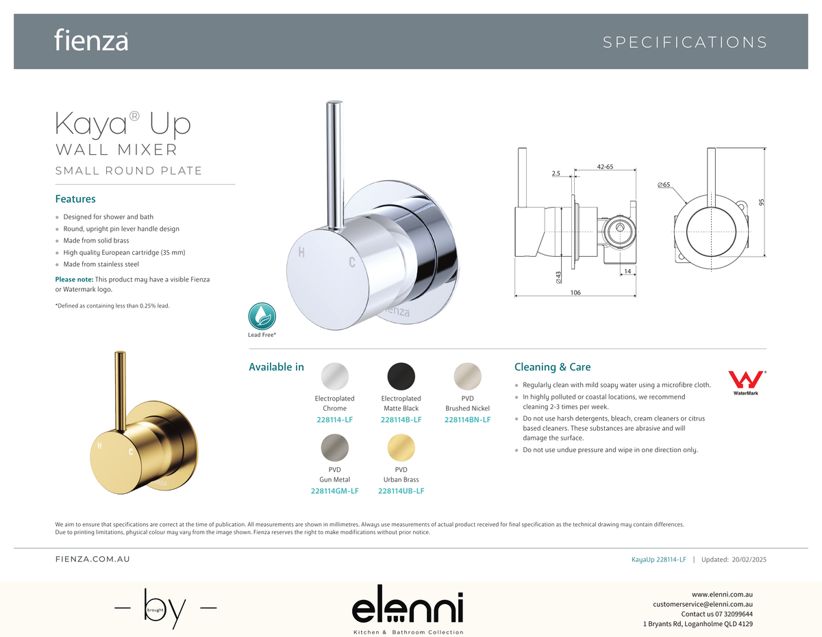 Kaya Up Wall Mixer, Small Round Plate - Spec sheet