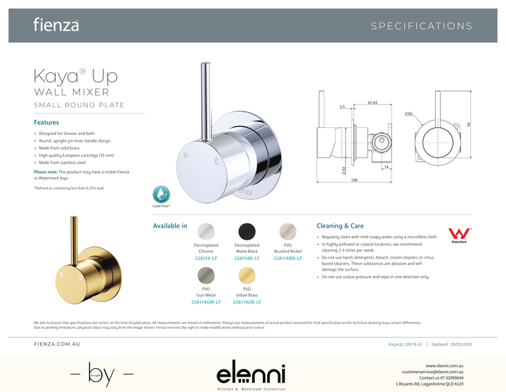 Kaya Up Wall Mixer, Small Round Plate - Spec sheet