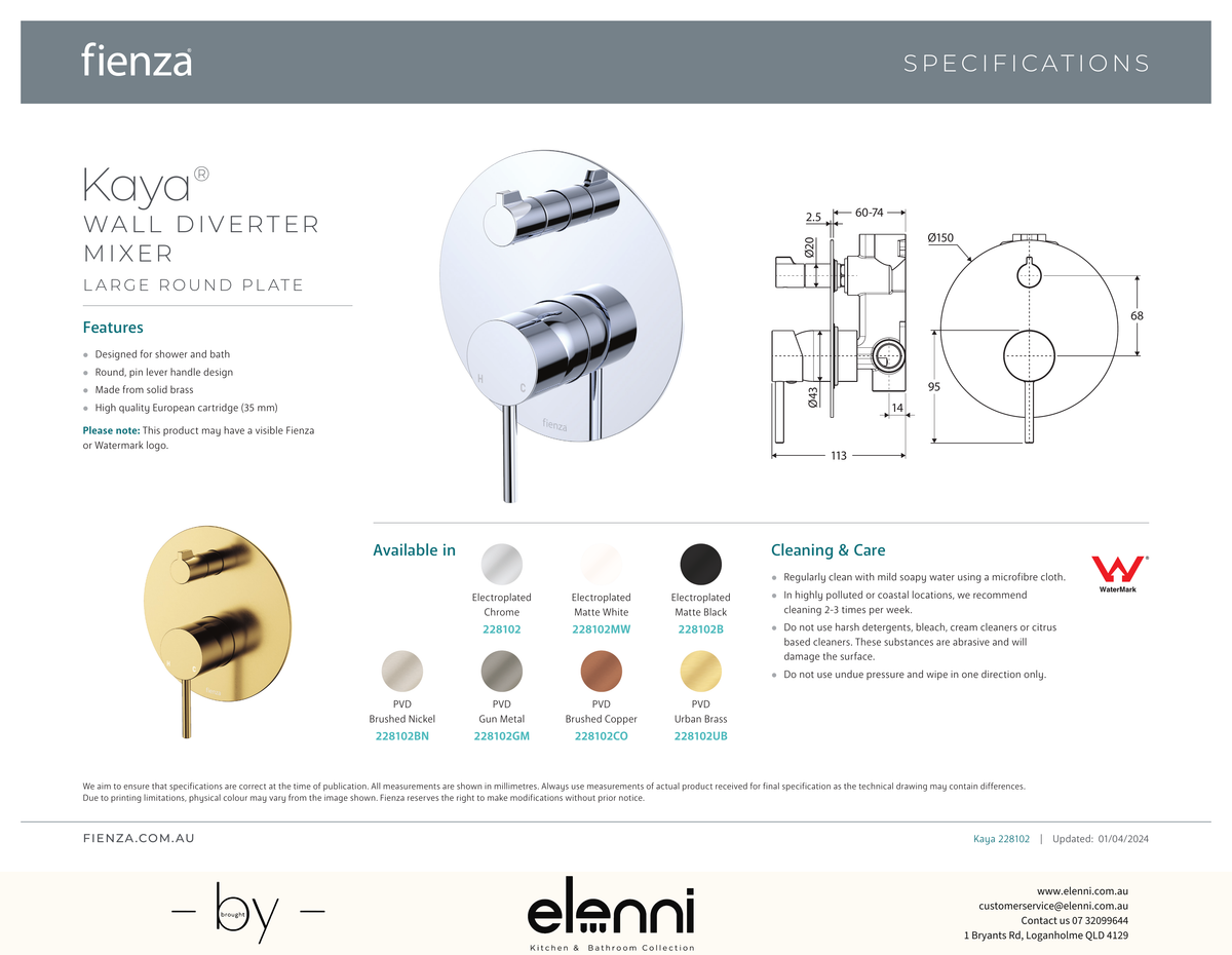 Kaya Wall Diverter Mixer Dress Kit, Large Round Plate - Trim Kit Only - Spec sheet