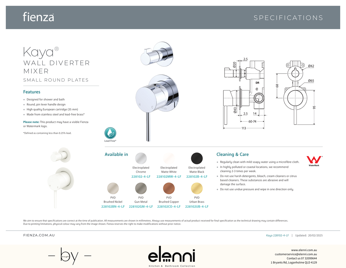Kaya Wall Diverter Mixer Dress Kit, Small Round Plates - Trim Kit Only - Spec sheet