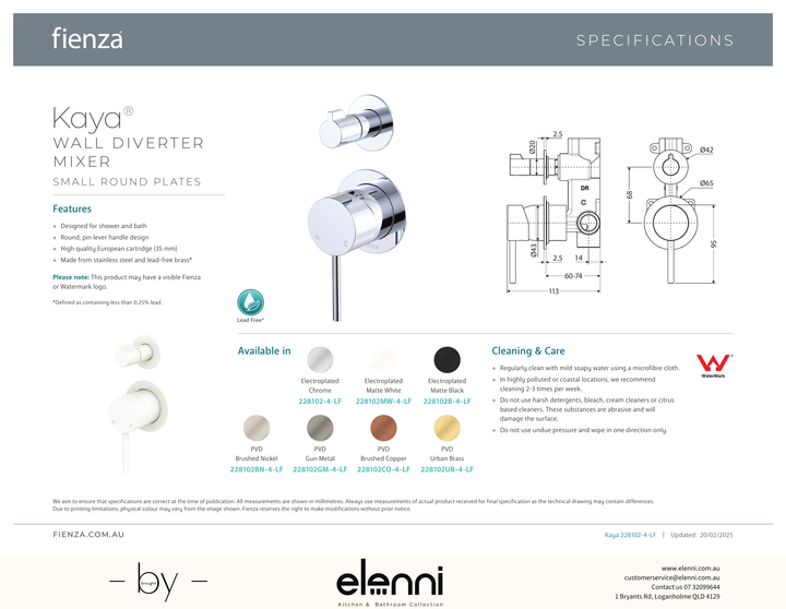 Kaya Wall Diverter Mixer Dress Kit, Small Round Plates - Trim Kit Only - Spec sheet