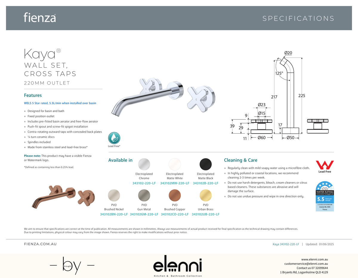 Kaya Wall Set, Cross Taps, 220mm - Spec sheet