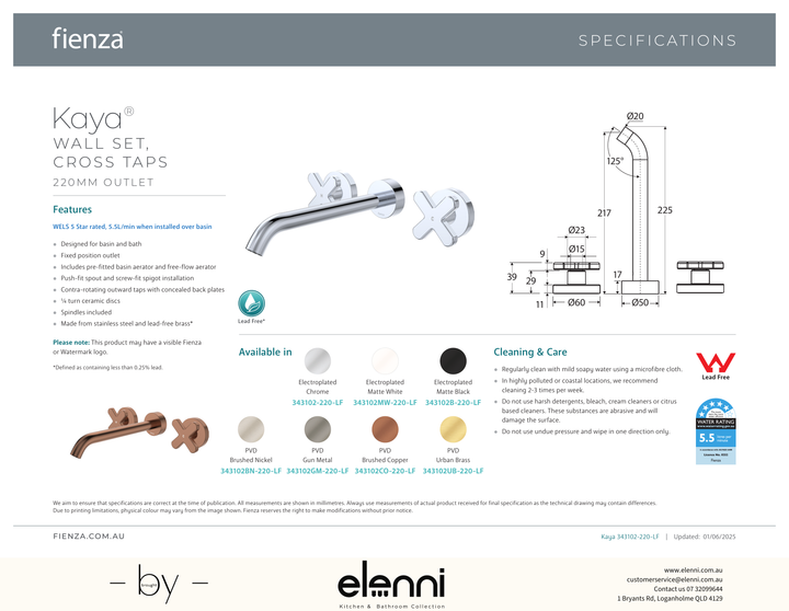 Kaya Wall Set, Cross Taps, 220mm - Spec sheet