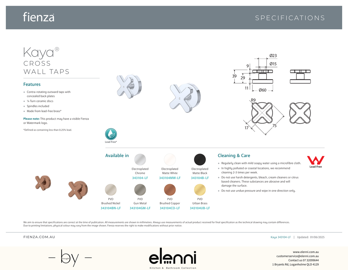 Kaya Wall Set Dress Kit, Cross Taps - Trim Kit Only - Spec sheet