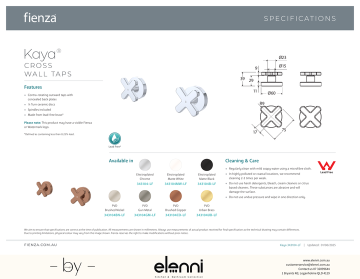 Kaya Wall Set Dress Kit, Cross Taps - Trim Kit Only - Spec sheet