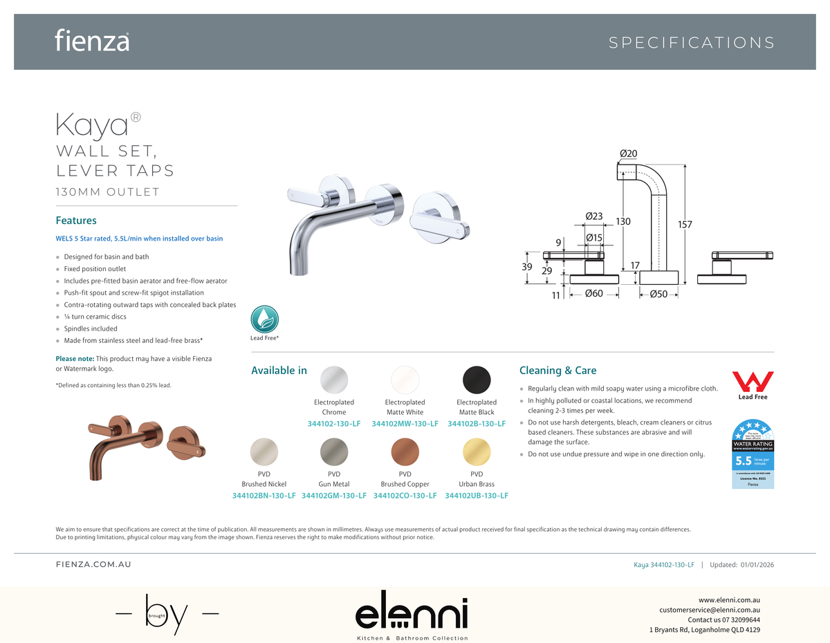 Kaya Wall Set, Lever Taps, 130mm - Spec sheet