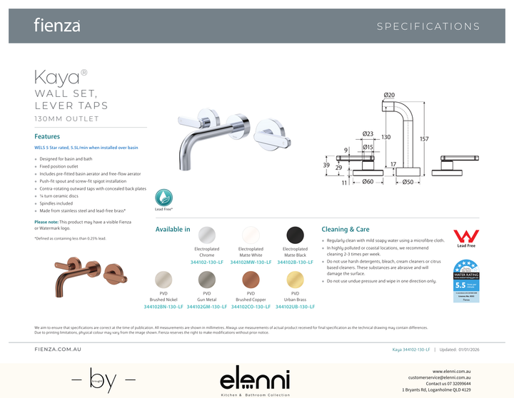 Kaya Wall Set, Lever Taps, 130mm - Spec sheet