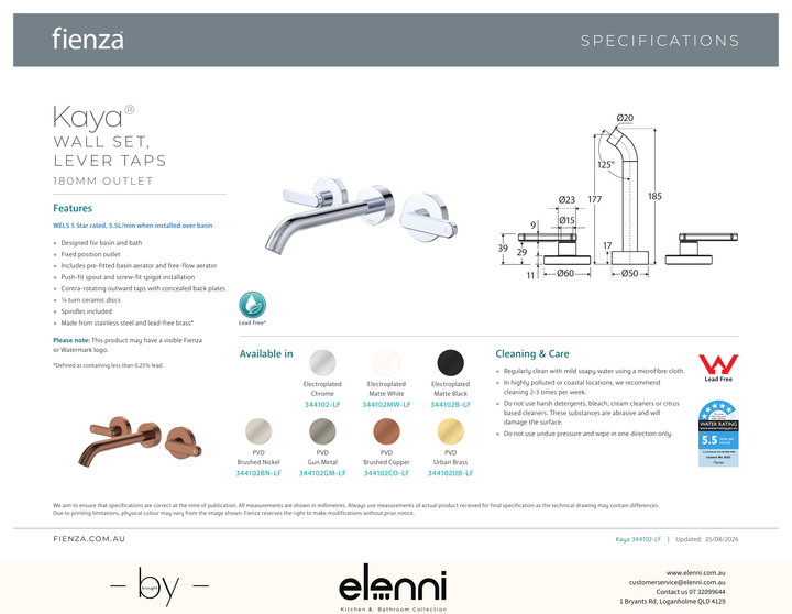 Kaya Wall Set, Lever Taps, 180mm - Spec sheet