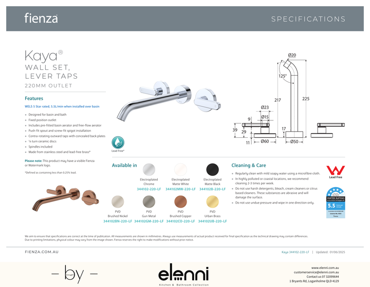 Kaya Wall Set, Lever Taps, 220mm - Spec sheet